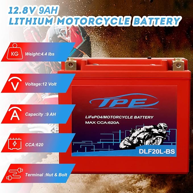 YTX20L Lithium Battery 12V 9Ah 620CCA LiFePO4 Motorcycle Battery, High Power, Lightweight, Maintenance Free, Replaces
