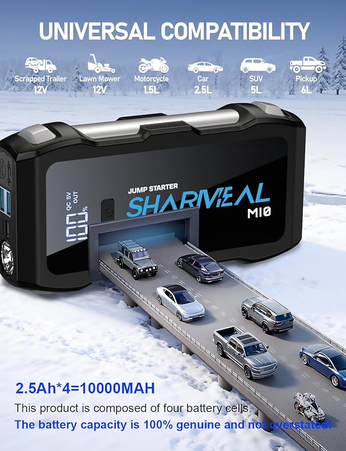 Jump Starter 6000A, 12V Car Battery Jump Starter with USB Quick Charge (Up to All Gas or 10.0L Diesel Engine), Battery Booster with 3 Modes Flashlight and Jumper Cable