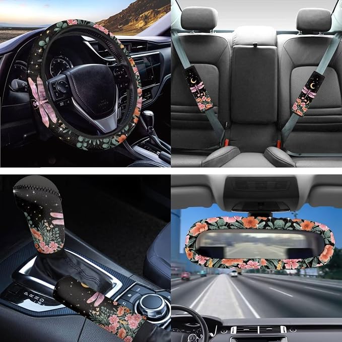 Cottagecore Dragonfly Car Seat Cover Set for Women Lady,Moon Flower Dragonfly Auto Steering Wheel Cover+Coasters+Keychains+Mirror Cover+Hand Break Gear Shift Knob Covers,14pcs Car Accessory
