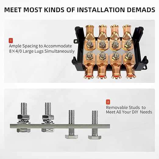 500A Copper Bus Bar 2PCS 12V Ground Power Distribution Block 8 * 5/16″Studs Battery Terminal Block for Car Audio Boat Automotive Solar Wiring (NEG&POS)