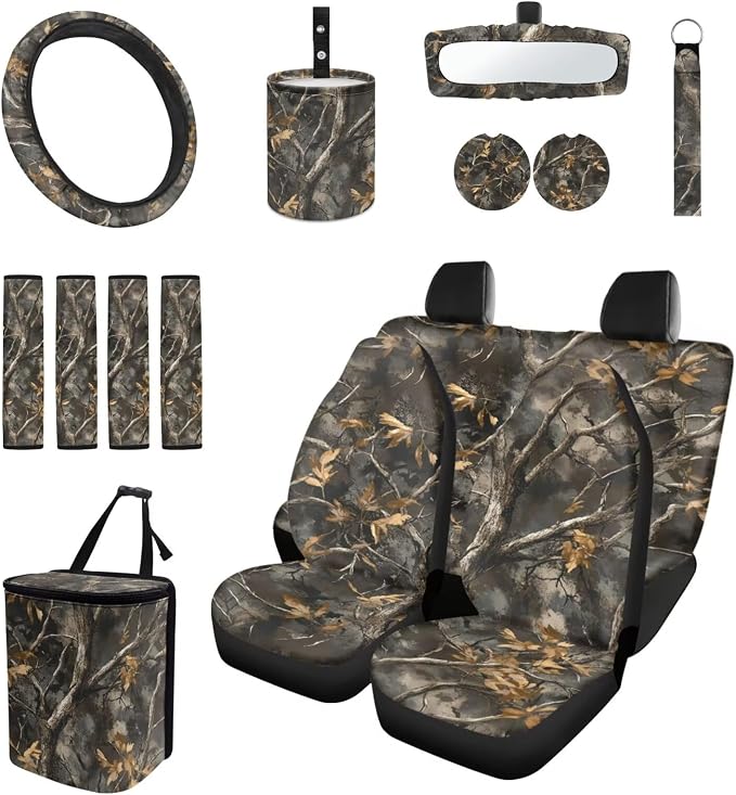 Camo Maple Leaf Car Seat Covers Front Rear Full Set with Steering Wheel Rearview Mirror Cover Seat Belt Pads Coasters Trash Bin Coasters Key Ring, 15 PCS