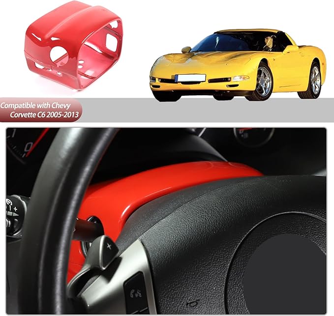 Steering Column Cover Trim Kit Compatible with Chevy Corvette C6 2005-2013, Carbon Fiber Pattern Steering Wheel Base Trim Cover Accessories (Sports red)
