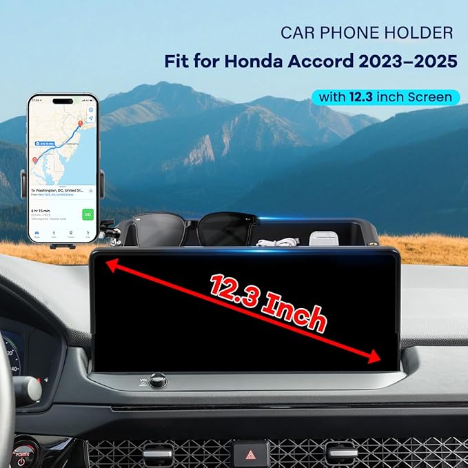 Car Phone Holder Compatible with Honda Accord 2023-2025 Accessories 12.3-Inch Screen Fixed Clip, Phone Mount with Dash Organizer Tray Dashboard Storage Box Hands-Free 360° Rotation (Not for LX/EX/SE)