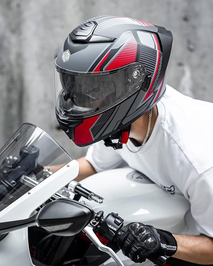 ILM Modular Motorcycle Helmet for Adults Full Face Flip up Riding with Dual Visor Street Bike Racing DOT Model MM966 (Black Red, M)