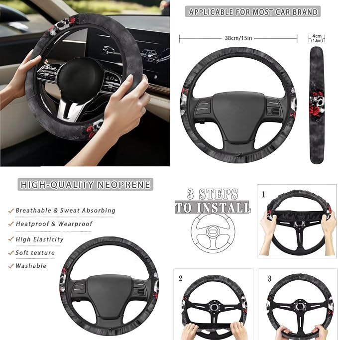 Rose Skull Car Seat Covers Full Set for Women Cute Car Accessories Interior Car Steering Wheel Cover Seatbelt Covers Trash Bin Rear View Mirror Cover Cup Holders Keychain