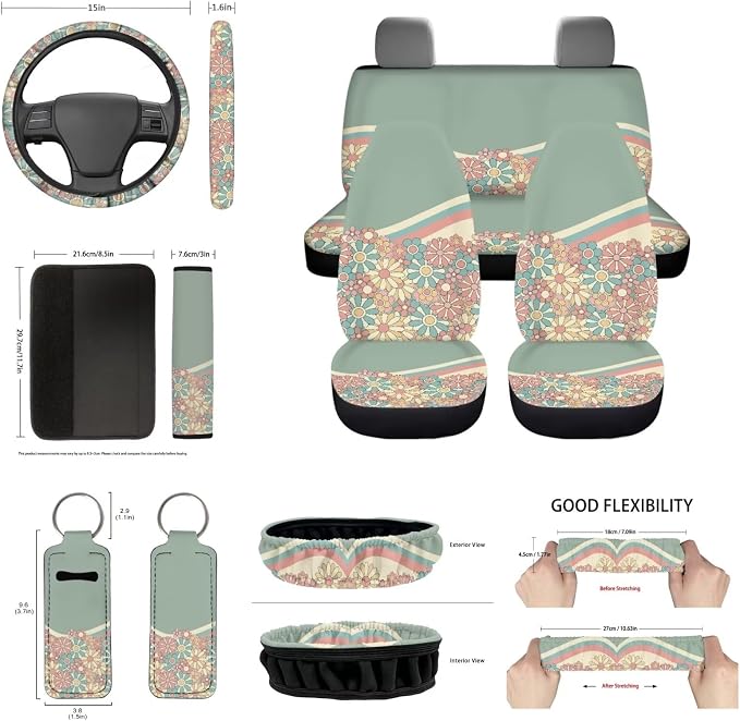 Abstract 70S 80S Green Groovy Flower Car Seat Cover Full Sets for Women,14Pack,Green Swirl Wavy Auto Seat Covers for Front Back,Coaster,Keychain,Seatbelt Pads,Auto Rear View Mirror Cover