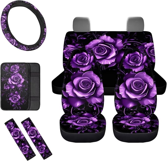 8 Pcs Moon Purple Rose Car Seat Covers Full Set Car Accessories for Women Front Seat Cover Steering Wheel Armrest Cover Seat Belt Cover for Auto SUV Interior Decoration
