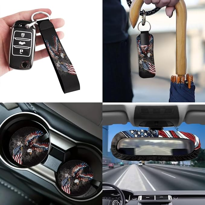 Eagle Flag Car Accessories Set 12 Pcs Steering Wheel Cover Seat Belt Cover Car Trash Can Rear View Mirror Cover Cup Coasters Keychain Holder Keychains