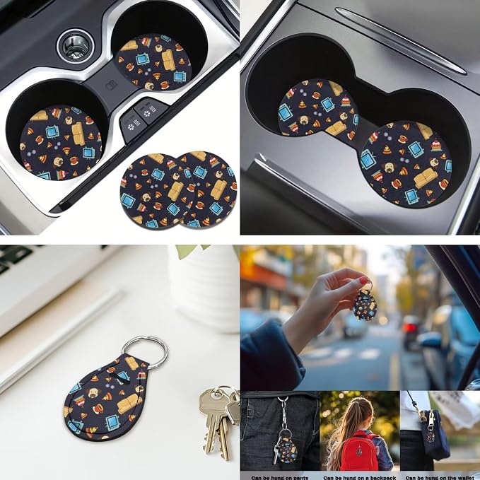 Cartoon Style 12 Pcs Car Seat Covers Full Set with Steering Wheel Cover,Seat Belt Covers Cup Holder Center Console with Keychain Universal Fit for Cars SUV