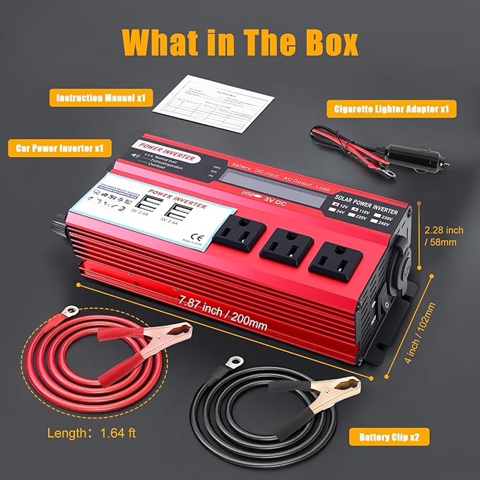 ALSO GO 1000W Power Inverter 12V DC Volt to 110V AC Car Inverter with LCD Screen Display, 3 AC Outlets, 4X 2.4A USB Port, Car Power Converter for Truck, Home, Vehicles, Laptop, Trip