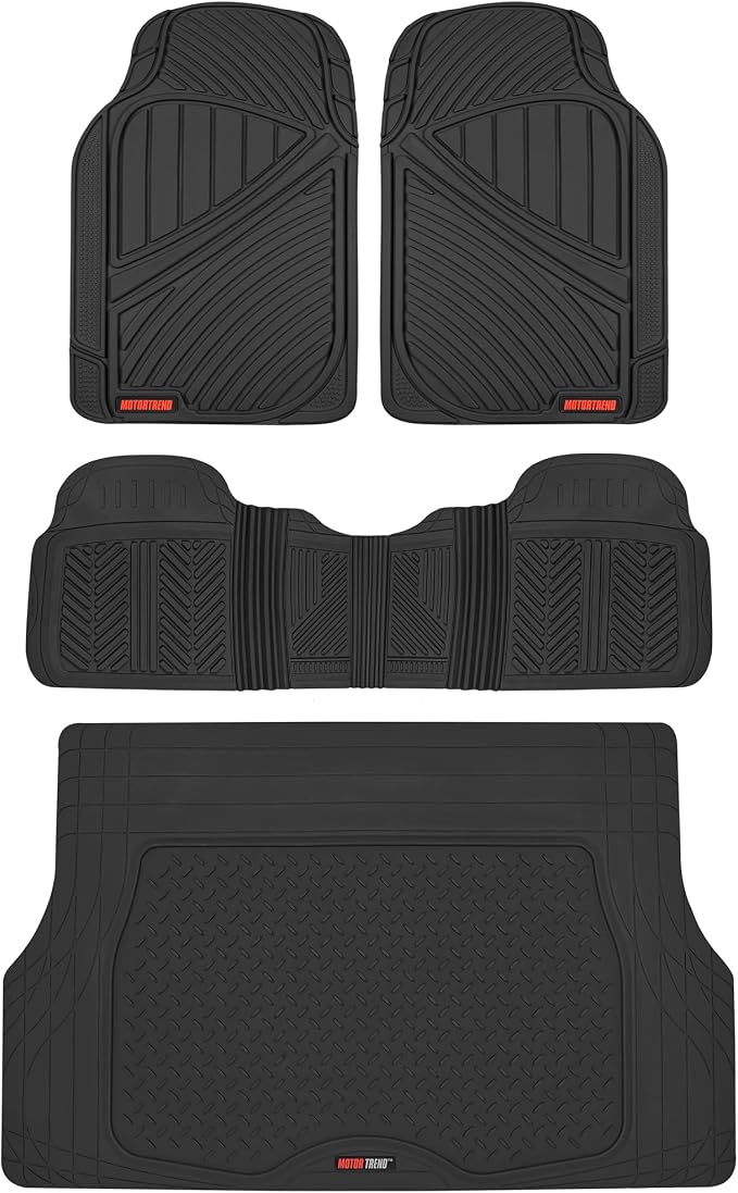 Motor Trend FlexTough Performance All Weather Rubber Car Floor Mats with Cargo Liner – Full Set Front & Rear Floor Mats for Cars Truck SUV, Automotive Floor Mats (Black)