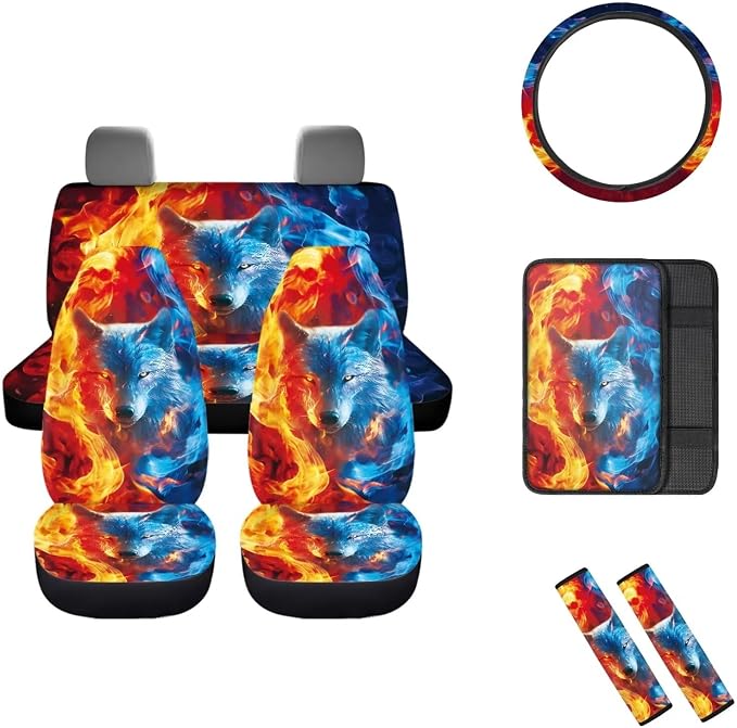 Mumeson Wolf Pattern Car Seat Covers Soft Rubber Steering Wheel Cover and 2 Pcs Adjustable Seatbelt Covers Shoulder Cushion Pad 1 Pcs Armrest Cover 8 Pack Car Accessories Decor Set