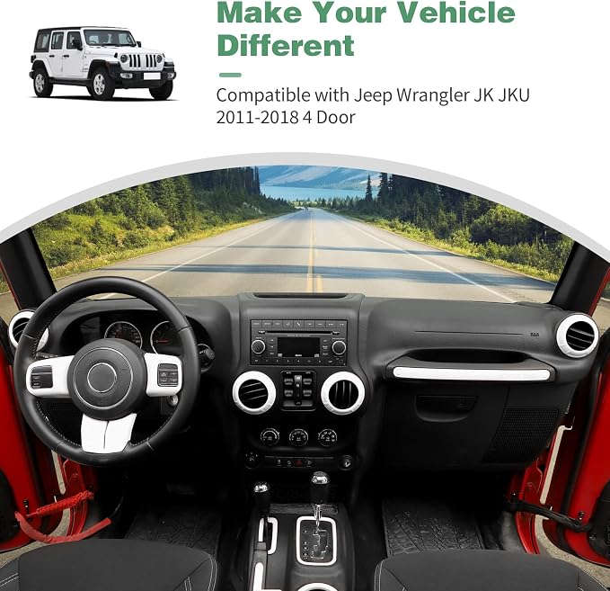 CheroCar 18PCS Interior Trim Kit for Jeep Wrangler JK JKU 2011-2018 4 Door,Steering Button Frame, Air Conditioning Vent Trim Cup Holder Cover,Gear Shift Knobs Frame,White,…