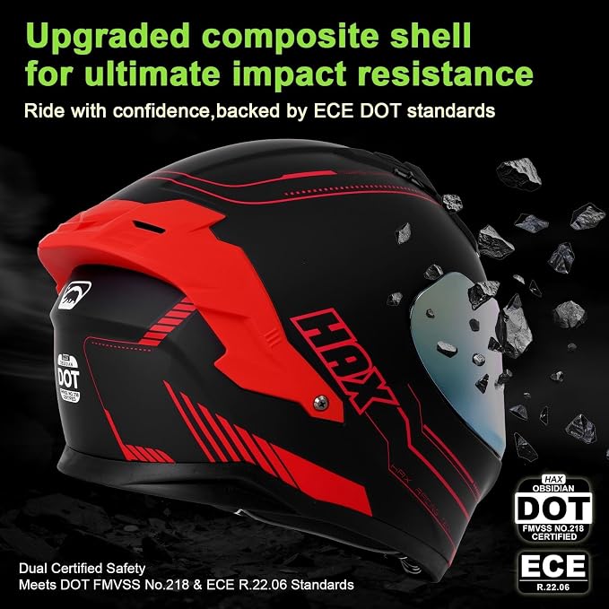 HAX Obsidian Dual Visor Full Face Motorcycle Helmet DOT/ECE 22.06 Approved, Pinlock & Bluetooth Ready, Aerodynamic Spoiler for Powersports Street Bike Racing, Unisex Adult (Matte Black Red, M)