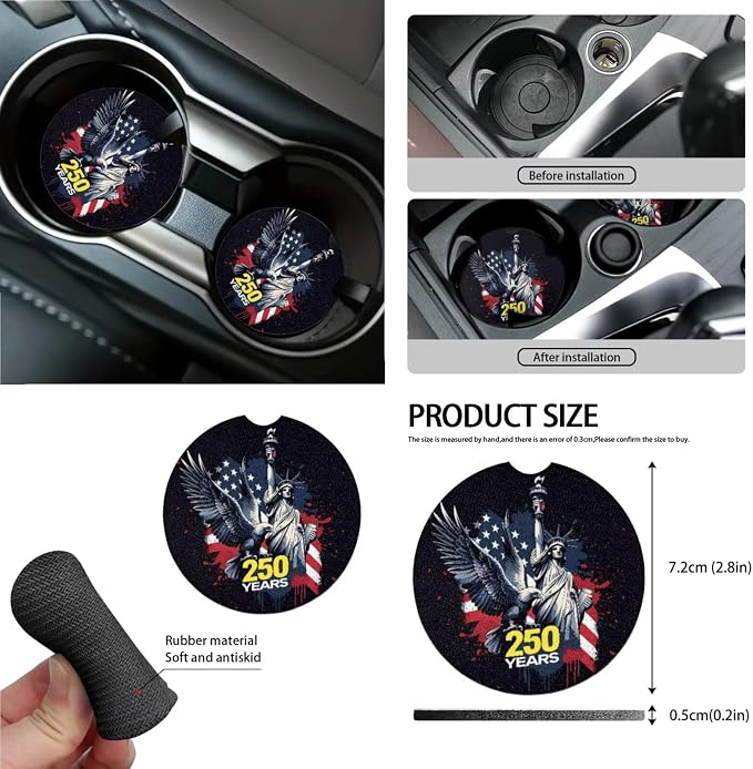 Wanyint Car Seat Cover Set 15 PCS, with Steering Wheel Seat Belt Rear View Mirror Cover Trash Can Cup Coaster Keychain Air Vent Storage Bag, US 250th Anniversary Auto Decor, Statue of Liberty Eagle