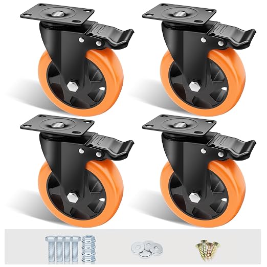 5" Swivel Plate Casters, 1400Lbs Capacity with Brake | Orange, 4-Pack, PU Wheels, Double Ball Bearings, Quiet & Non-Marking, for Workbenches