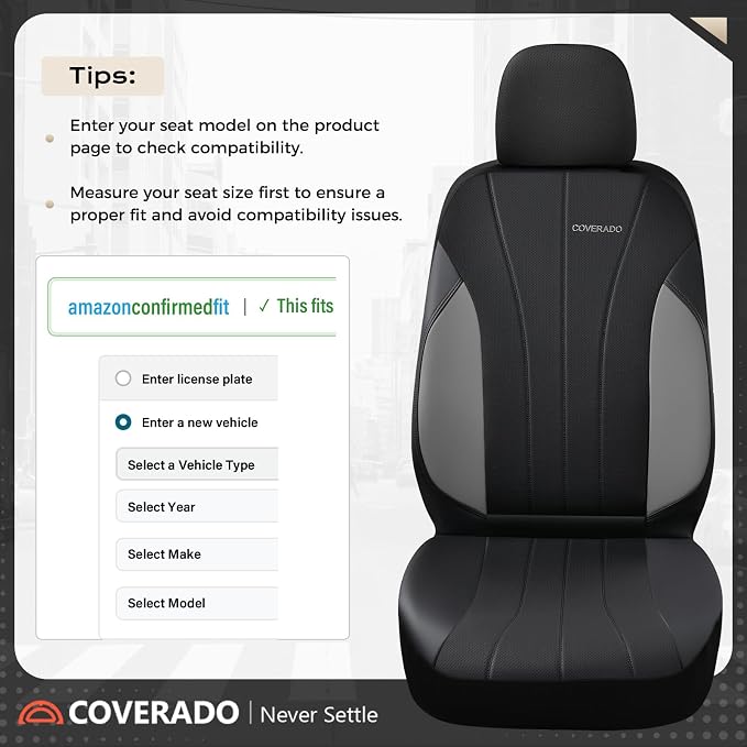 Coverado Car Seat Covers Full Set, 5 Seats Waterproof Nappa Leather Automotive Seat Protectors, Front & Rear Luxury Mesh Seat Covers,All-Weather Universal Fit for Most Cars SUVs, Trucks,Black&Grey