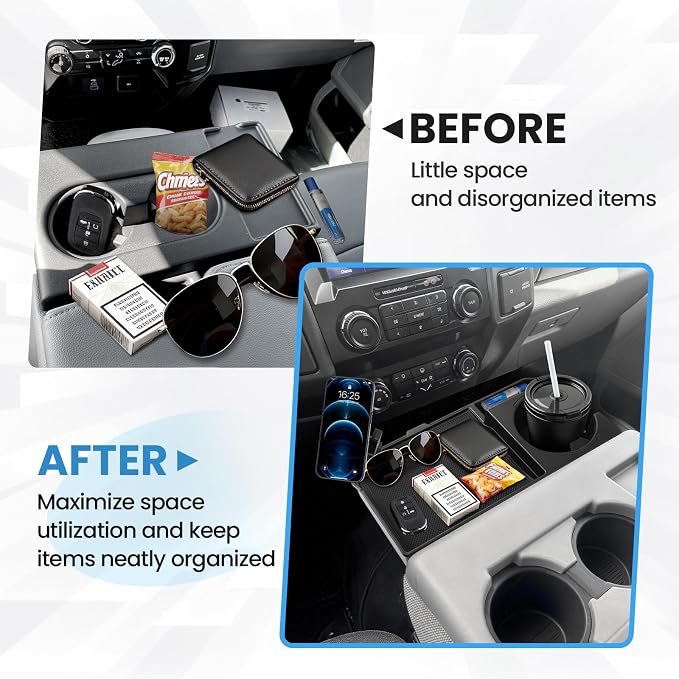 FIILINES Front Center Seat Headrest Organizer for 2011-2025 Ford F150 F250 F350 F450 F550 F650 Accessories, Coin Storage Box with Phone Holder and Large-Capacity Cup Holder (Jump Seat Only)