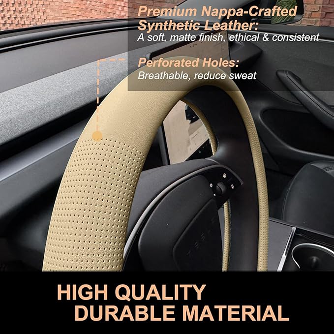 PINCTROT Nappa Leather Steering Wheel Cover for Tesla Model Y/3 Highland/Juniper, D Shaped 14 Inch Small Sized with Breathable Perforation, Fit Like Gloves, Flat Bottom 14 Inch(Nappa Light Taupe)