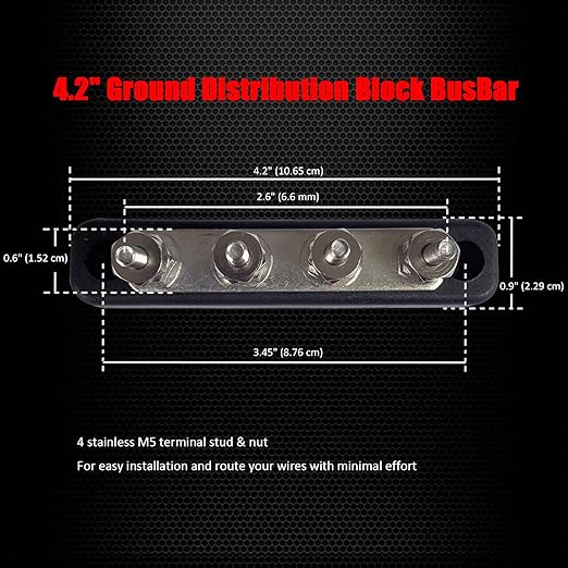 4 x #10 (M5) Studs Bus Bar, Ampper 4.2" Ground Distribution Block Brass Battery BusBar Junction with Cover for Auto Boat Amplifier and More (Black)