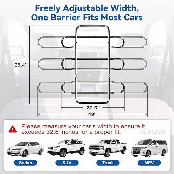 Adjustable Metal Dog Car Barrier, Universal Pet Divider with Steel Frame for SUV Truck Sedan & MPV, Car Dog Barrier & Back Seat Cargo Gate, Movable Panel Fits Seat Recline