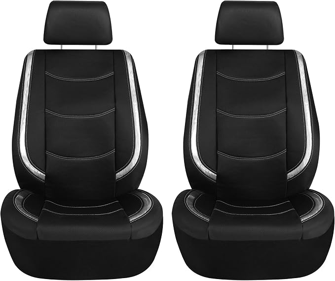 FH Group Galaxy13 Metallic Striped Deluxe Leatherette Car Seat Covers with Matching Carpet Floor Mats – Full Set, Universal Fit, Airbag Compatible for Cars, SUVs & Sedans, White