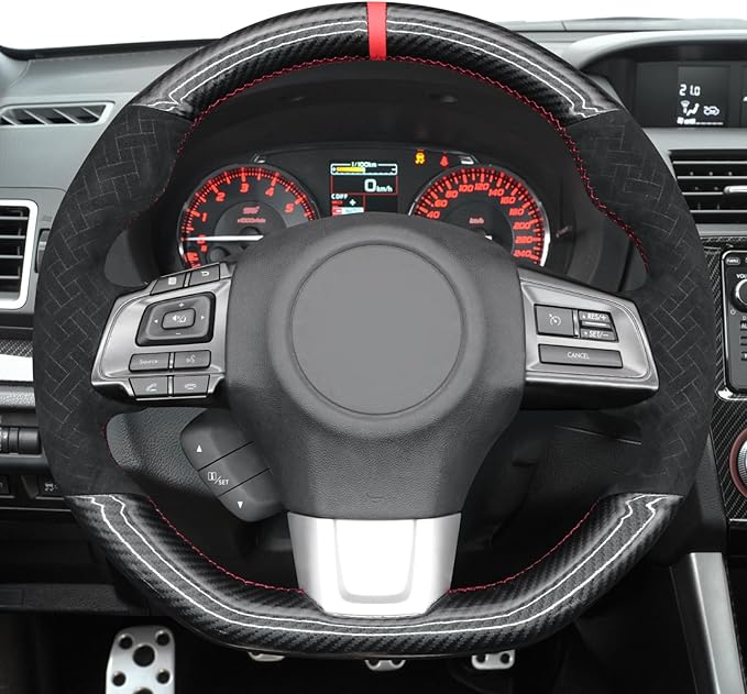 MEWANT Hand Stitch Black Shiny PU Carbon Fiber Woven Embossed Athsuede Steering Wheel Cover for Subaru WRX STI 2015-2021