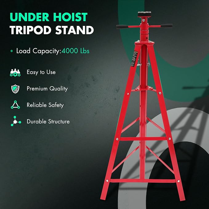 Under Hoist Tripod Stand 4000 LBS /2 Ton Capacity Lift Stand for Garages, Repair Shops, and DIY, Lift Range 47" to 82.7", Heavy Duty Steel, Red