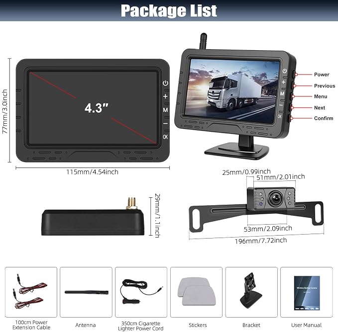 Wireless Backup Camera 4.3" TN Display, IR Night Vision, Customizable Parking Lines, Digital License Plate Rear View Camera for Truck Pickup Trailer Car RV Camper SUV Ease Install