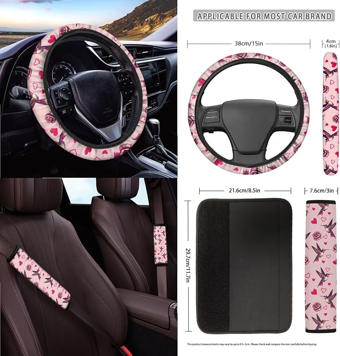 Hummingbird Rose Heart Pattern Car Seat Covers for Women with Steering Wheel Cover and Seat Belt Pads, Trash Bin, Mirror Cover, Cup Coasters, Keychain, Pack of 15