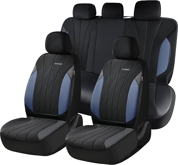 Coverado Seat Covers for Car, Leather Automotive Car Seat Covers 5 Seats, Mesh Breathable Auto Seat Protectors, Driver Seat Covers Universal Fit for SUV, Truck, Vans, Sedan