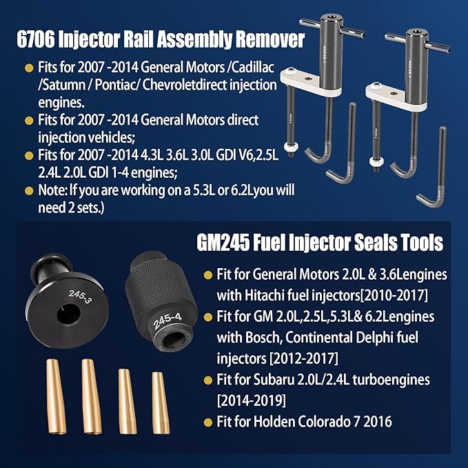 EN-49248 Fuel Injector Puller Kit & GM245 Fuel Injector Seals Tools - Fuel Rail Assembly Remover and Injector Installation Tool Set for GM Vehicles, Compatible with LS/LT Engines