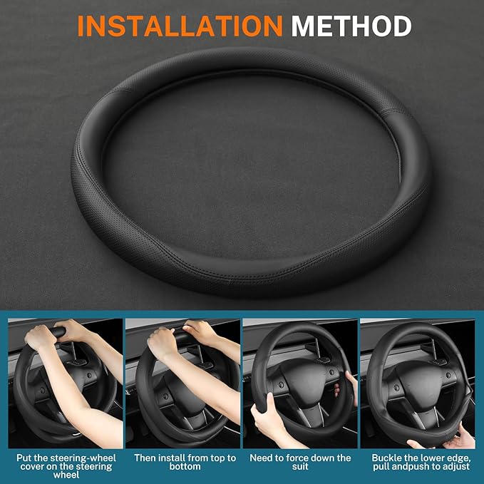 Leather Steering Wheel Cover Custom-Fit for Tesla Model 3/Y 2016-2026, Comfort Grip Design Breathable and Non-Slip, Model 3/Y Car Steering Wheel Protector, Tesla Accessories,Black(A-Style, for Tesla)