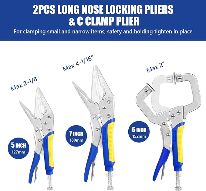Locking Pliers Set,5"/7"/10" Curved Jaw Vise Grip,6-1/2"and 9-1/2" Needle Nose Vice Grips, 6" C-Clamp for Woodworking, Metal Working and Welding