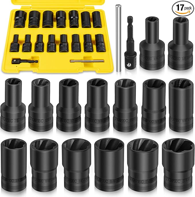 Topec 17Pcs Lug Nut Extractor Set, 1/2" Drive Locking Lug Nut Removal Tool, 8-27mm Wheel Lock Removal Kit, Deep Bolt Extractor Socket Set for Stripped, Broken, Rounded Bolts