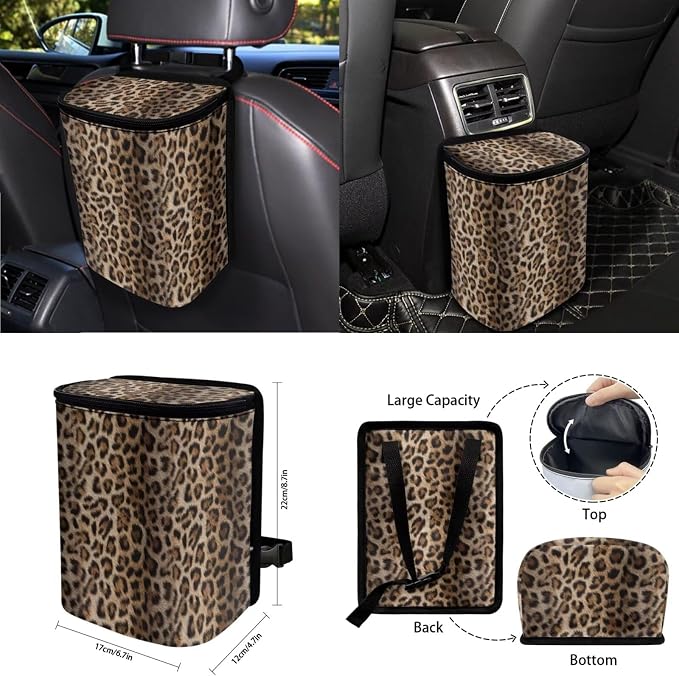 Brown Leopard Car Seat Covers Full Set 15 Pcs Universal Car Accessories Steering Wheel Cover Seat Belt Pads Garbage Bag Car Headrest Pillow Covers Armrest Pad