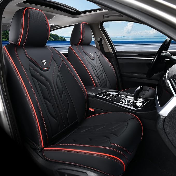 Coverado Seat Covers, Car Seat Covers Full Set, Leather Seat Covers for Cars, Automotive Seat Covers Car Seat Protector Car Accessories Fit for Most Sedans SUV Pick-up Truck(Black&Red)