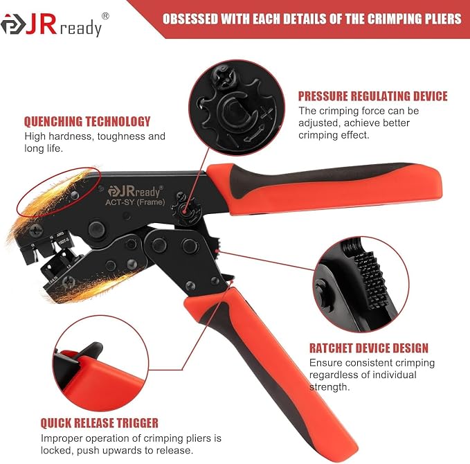 JRready ACT-SY-16DT-S 3rd-Gen Deutsch DT Crimp Tool for 16# Stamped & Formed Contacts, One-Cycle Ratcheting Crimper with Positioner, 16-18 AWG, for Amphenol AT
