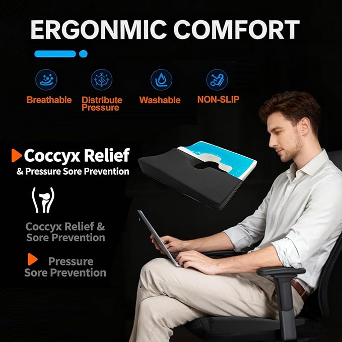 Gel Wheelchair Seat Cushion,Bed Sore Cushions for Butt,Office Chair Pressure Sore cushion,Memory Foam Pillow for bed,Pressure Ulcer Pain Relief,Relieve Sciatica,Coccyx,Washable Cover/Set Black