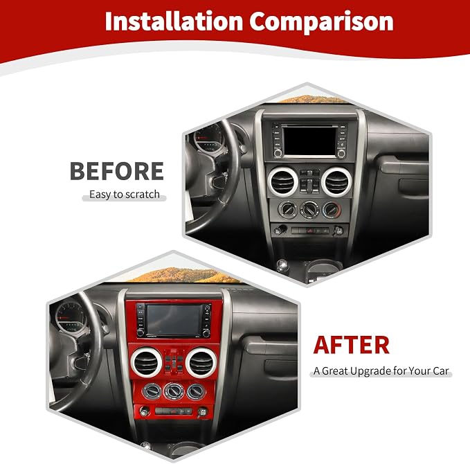 RT-TCZ for Wrangler JK Dashboard Center Console Control Panel Trim Cover Red for Jeep Wrangler JK JKU 2007-2010 Red Interior Accessories 4pcs