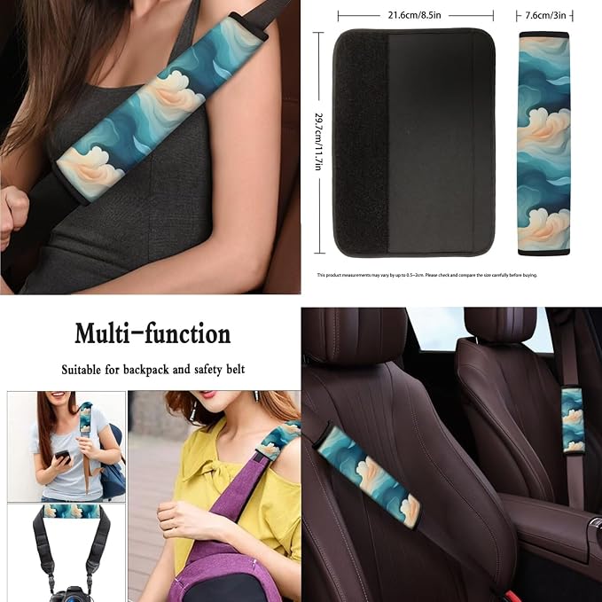 Green Cloud 13 Piece Car Seat Cover Set Watercolor Green Cloud Pattern Full Set Belt Shoulder Car Seat Protectors Yellow Gradient Sky Fluid Coaster Pads Decor Accessory