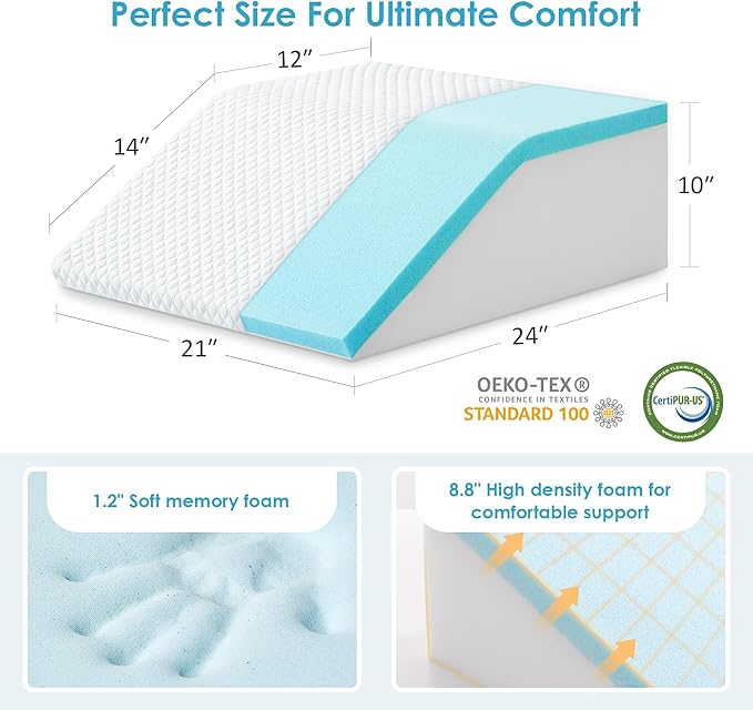Cozymaker 10" Leg Elevation Pillows for Swelling, Cooling Gel Memory Foam Wedge Pillows for After Surgery, Sciatica Back Knee Hip Ankles Pain Relief, Leg Pillows for Sleeping