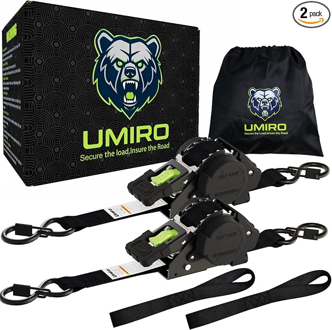 Retractable Ratchet Straps 1''x 12ft Heavy Duty Tie Downs Bolt on Auto Retract Ratchet Strap 1760lb Break Strength Self Retracting for Truck,Cargo,Trailer,Motorcycle,ATV,UTV (Black-Green,2 Pack)
