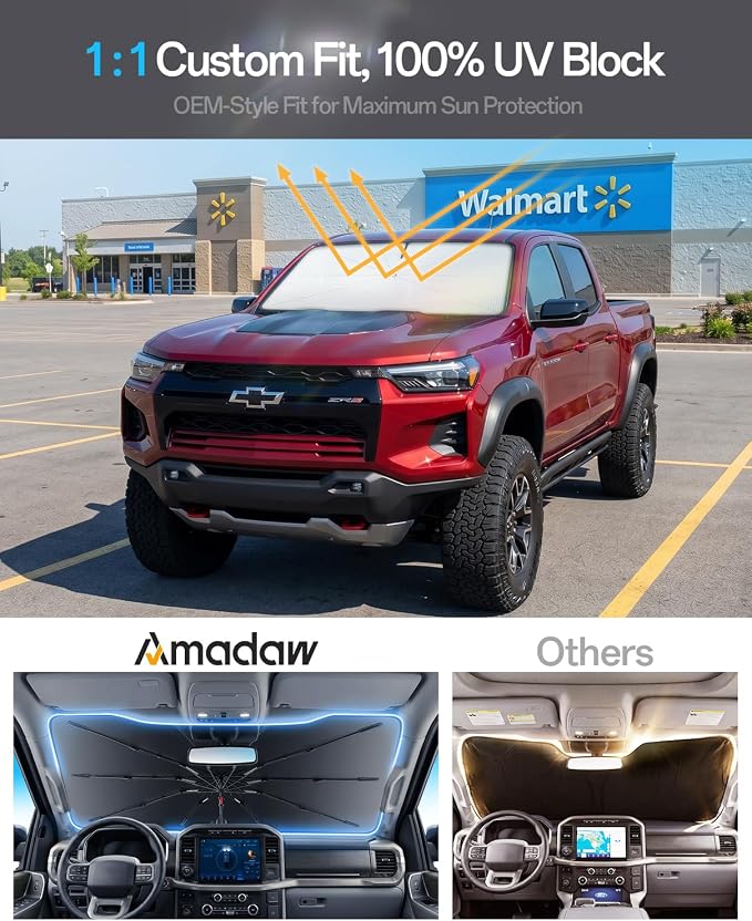 Windshield Sun Shade for Chevrolet Colorado/Trailblazer 2021-2026, Foldable Umbrella Sunshade with 100% UV Block, Multi-Layer Heat Insulation, Reinforced 10-Rib Frame, Keeps Car Cooler