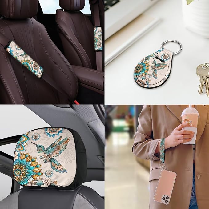 18 Pieces Car Seat Covers Full Sets Hummingbird Car Interior Accessories Sets with Mandala Lotus Car Seat Belt Pads Cover Anti Slip Steering Wheel Cover Auto Trash Can Car Headrest Covers