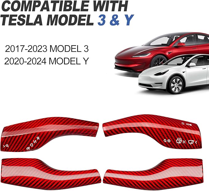 T-carbon Real Glass Fiber Steering Lever Cover Compatible with Tesla Model 3 Model Y 2017-2024, Gear Shift Paddle Cover Compatible with Model 3/Y Interior Accessories, Red