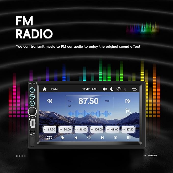 7 Inch Double Din Car Stereo with Wireless Carplay Android Auto Car Audio Receivers, Car Radio with Mirror Link, Bluetooth, SWC, FM, EQ, USB/Type C Charge 7 Color Light
