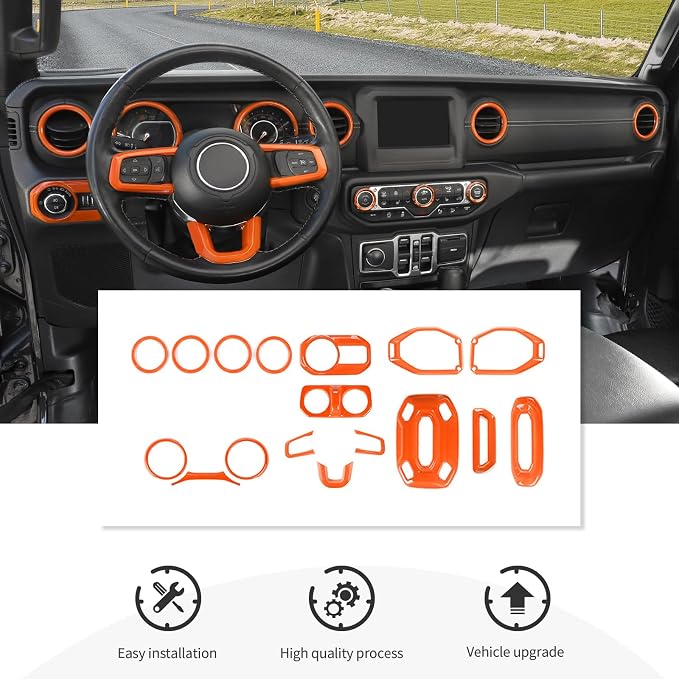 CheroCar Orange 20PCS Interior Trim Kit for Jeep Wrangler JL JLU & JT Gladiator 2018-2023,Dashboard,Steering Button Frame,AC Switch,Roof Speaker,Reading Light,Headlight Switch,Rear Air Vent Trim