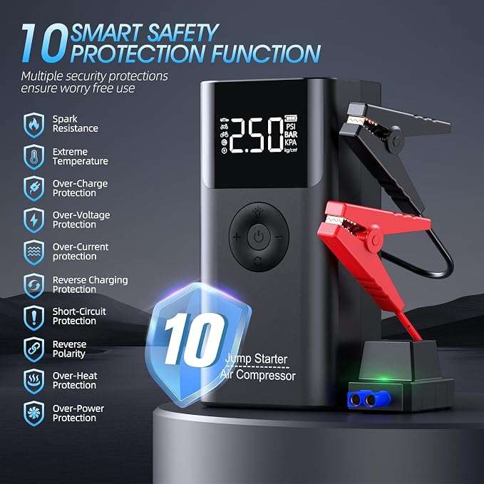 Car Battery Jump Starter with Air Compressor, 2500A Car Jumper Starter Portable (Up to 9L Gas/8L Diesel), 12V Jump Box 150PSI Auto-Shutoff Tire Inflator with Smart Clamps, Road Trip Essentials