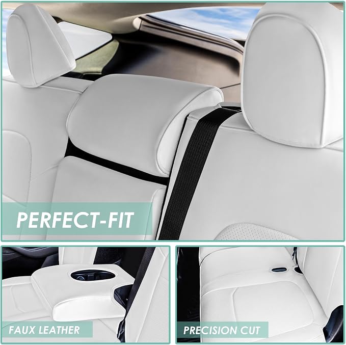 FH Group Custom Fit Car Seat Covers Specifically Made for 2020-2025 Tesla Model Y Faux Leather Water Resistant Automotive Seat Covers -Rear Set Solid White